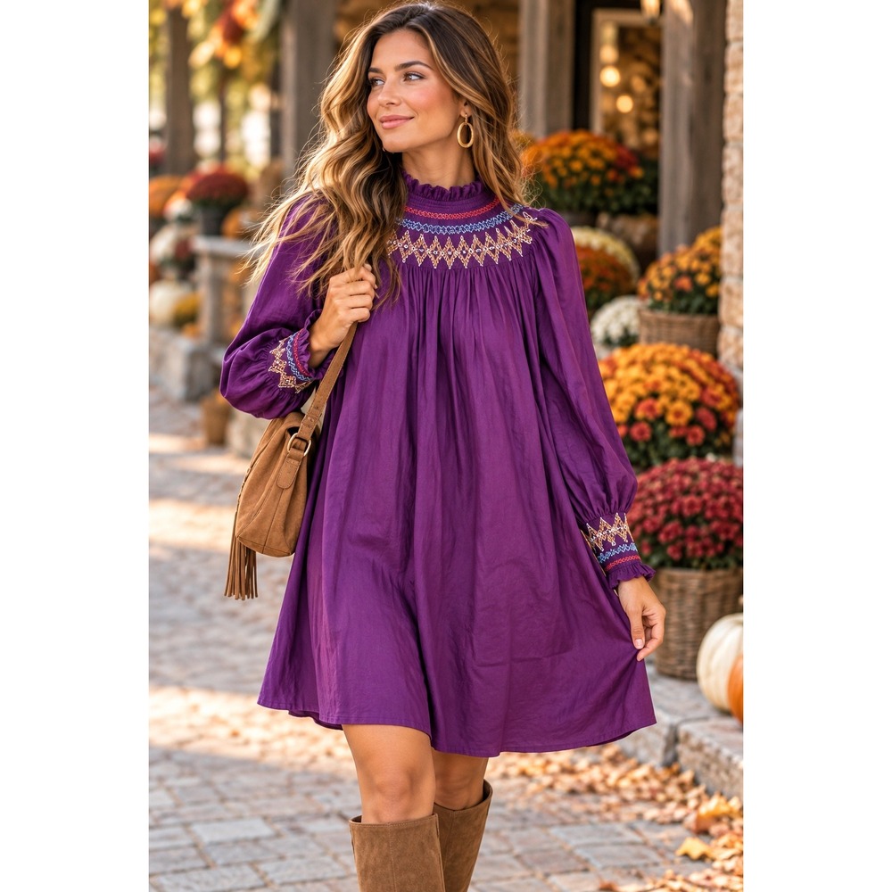 Pomander Place Wrenley Dress Women Medium Plum Smocked Embroidered Preppy Boho